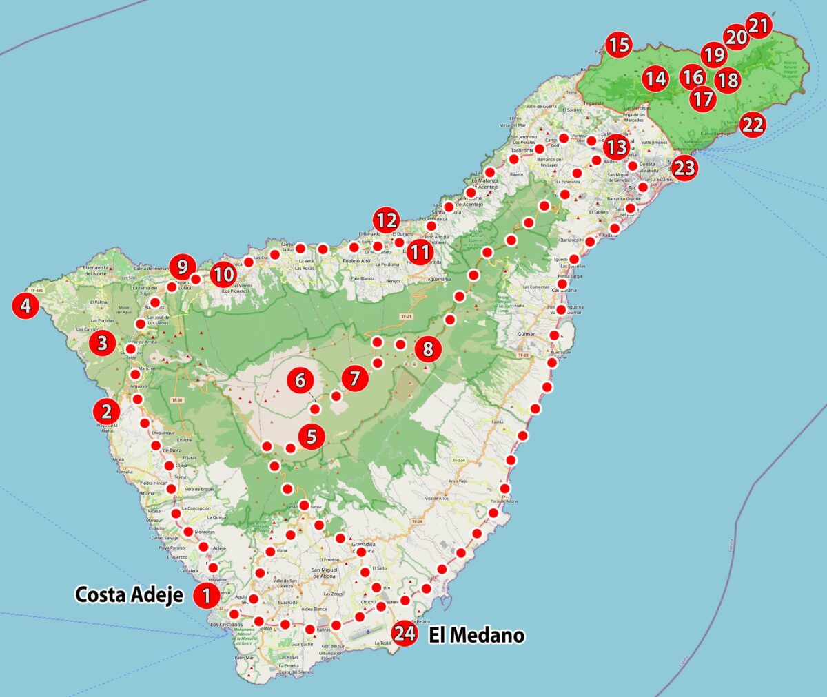 Mapa Teneryfy z atrakcjami turystycznymi